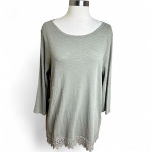 Chicos Top Womens 2 Large Green 100% Cotton 3/4 Sleeve Boat Neck Lace Trim Shirt